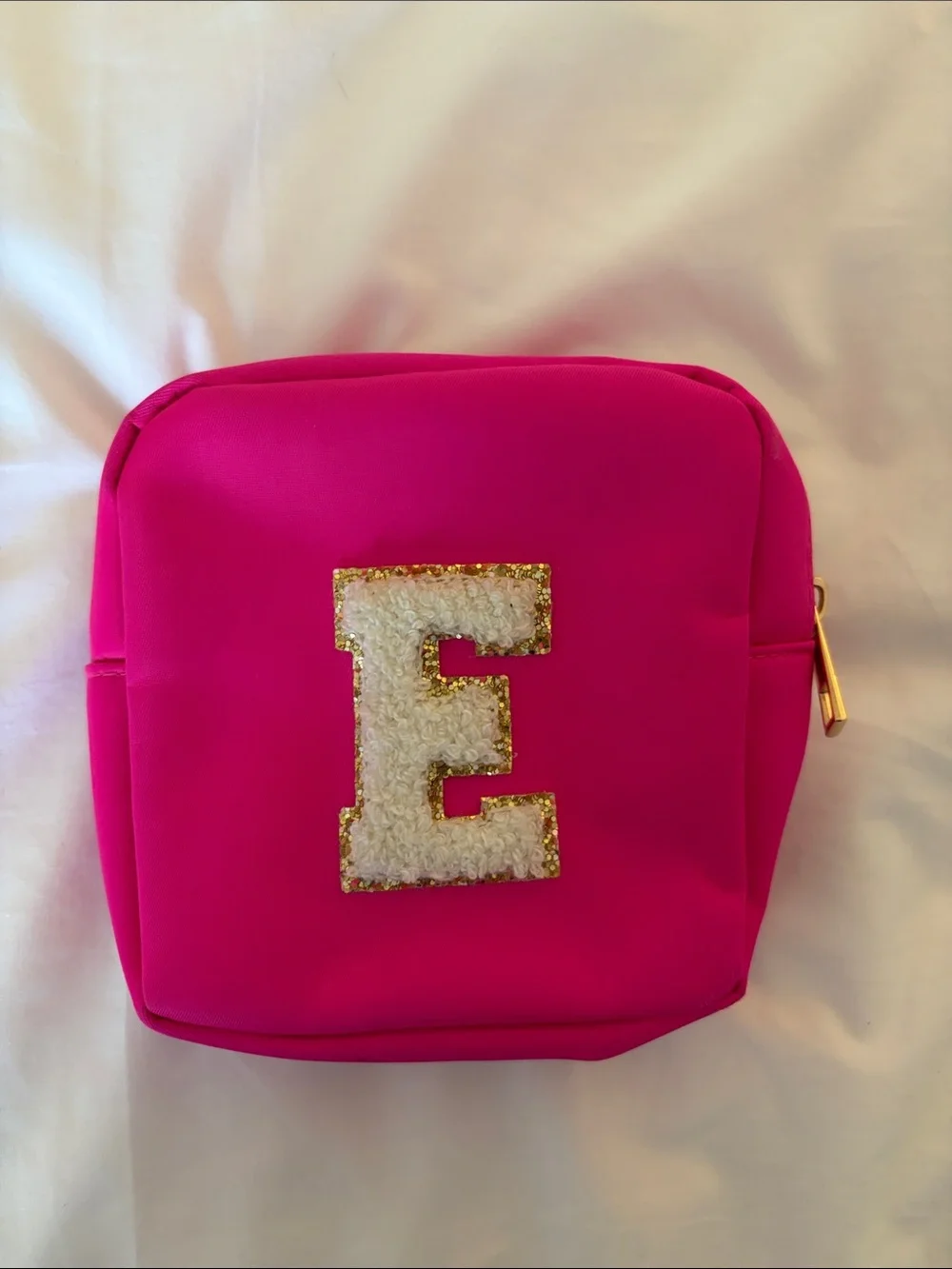 Personalized Hot Pink Cosmetic Pouch with Embellished Letter E
